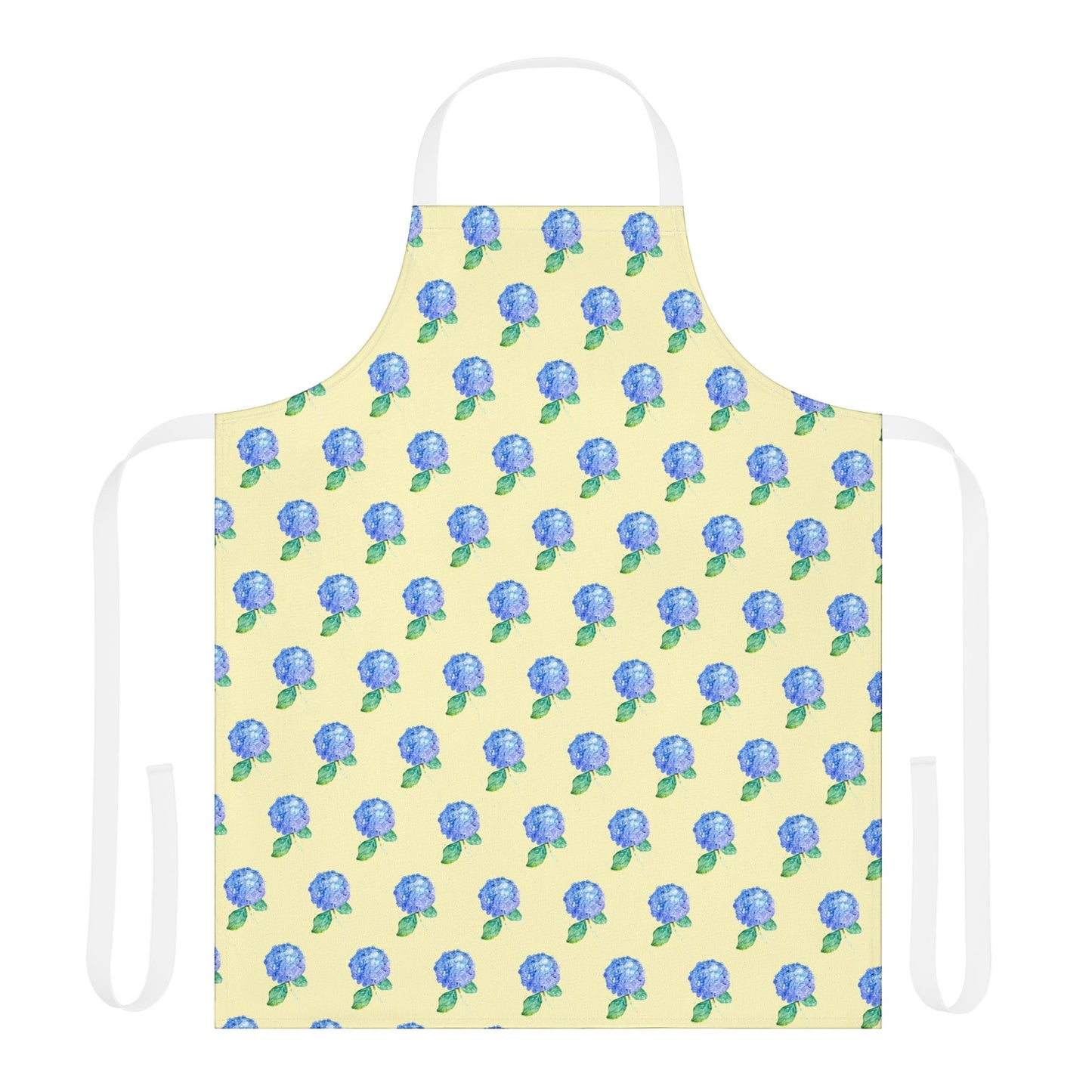 Blue Hydrangea Pattern Apron — Floral Kitchen Apron with Yellow Background