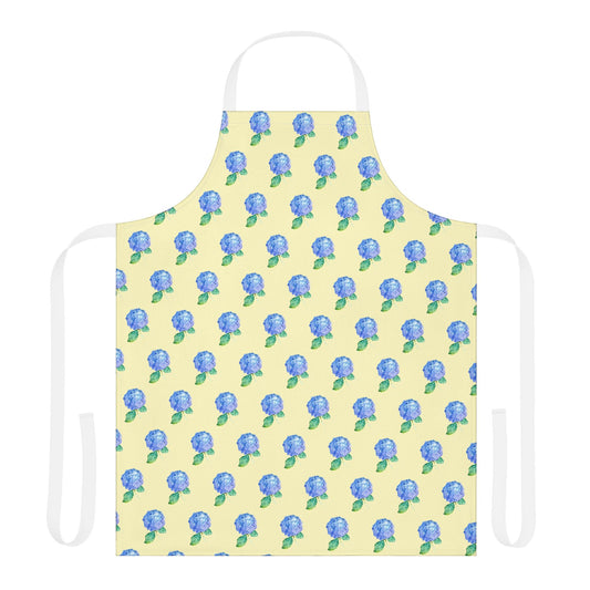 Blue Hydrangea Pattern Apron — Floral Kitchen Apron with Yellow Background