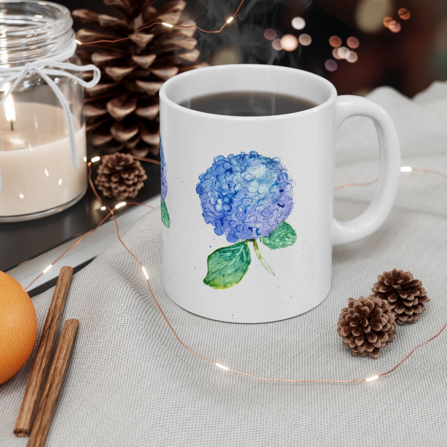 Blue Hydrangea Ceramic Mug — Floral 11oz & 15oz Coffee Cup