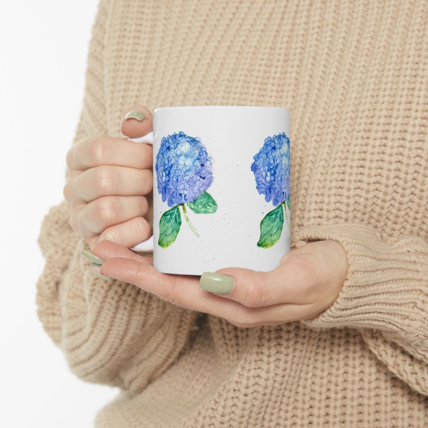 Blue Hydrangea Ceramic Mug — Floral 11oz & 15oz Coffee Cup