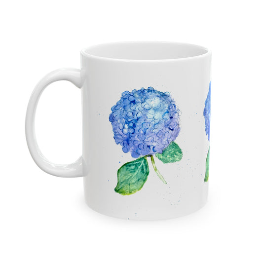 Blue Hydrangea Ceramic Mug — Floral 11oz & 15oz Coffee Cup