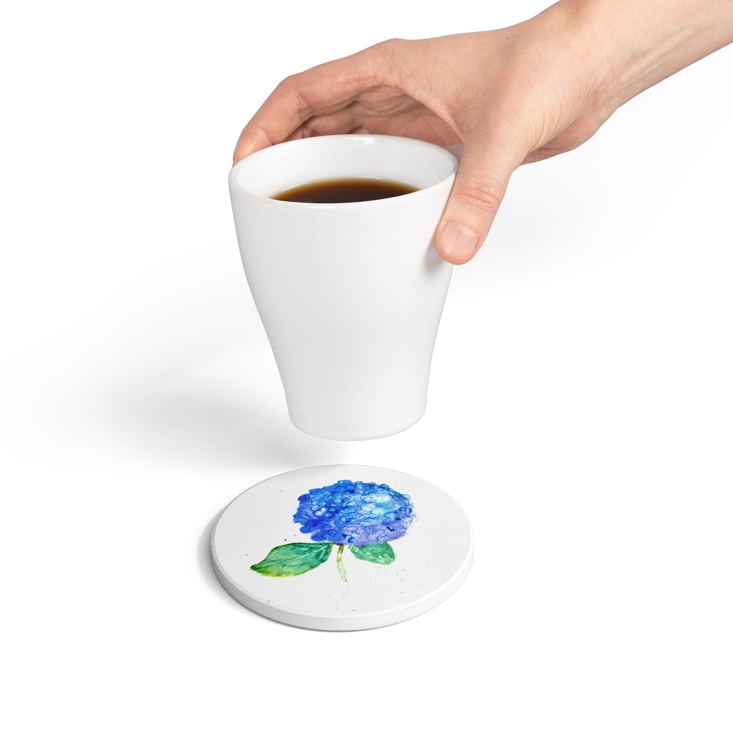 Hydrangea Blossom Ceramic Coaster — Blue Watercolor Floral Drink Mat