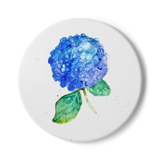 Hydrangea Blossom Ceramic Coaster — Blue Watercolor Floral Drink Mat