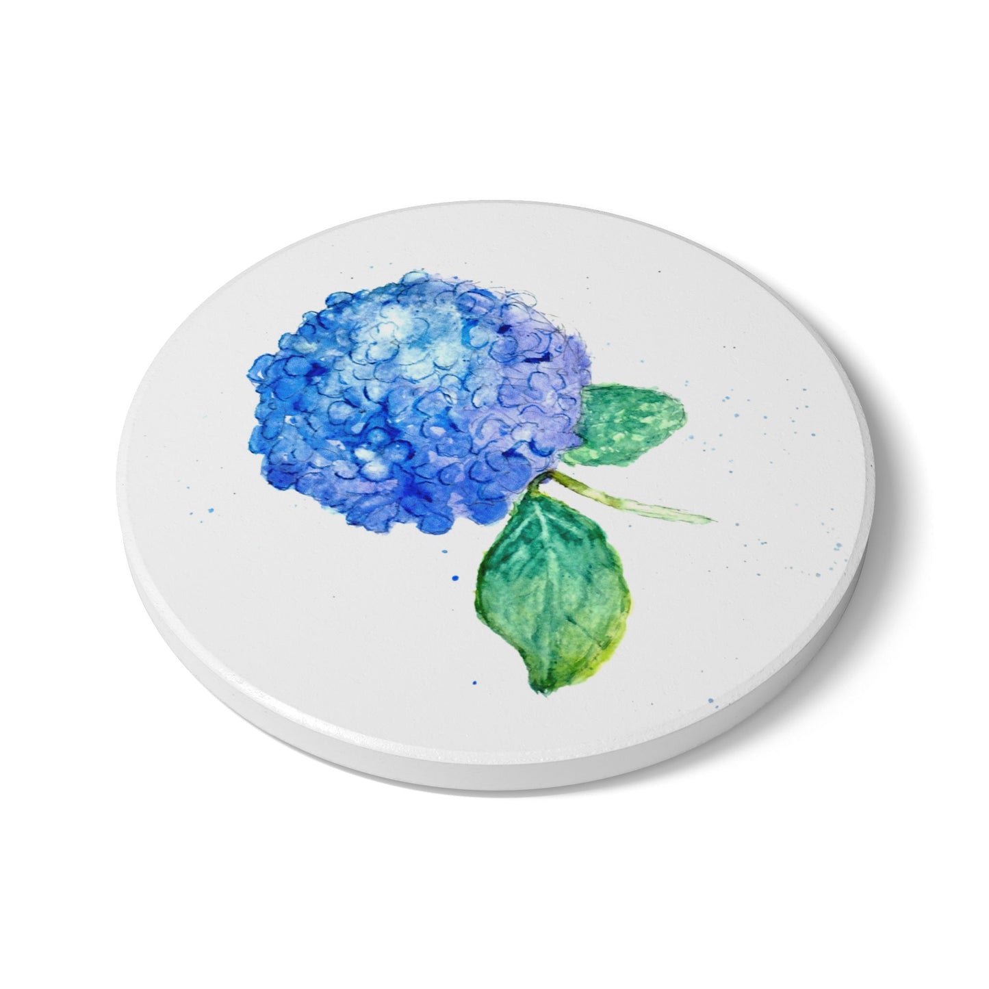 Hydrangea Blossom Ceramic Coaster — Blue Watercolor Floral Drink Mat