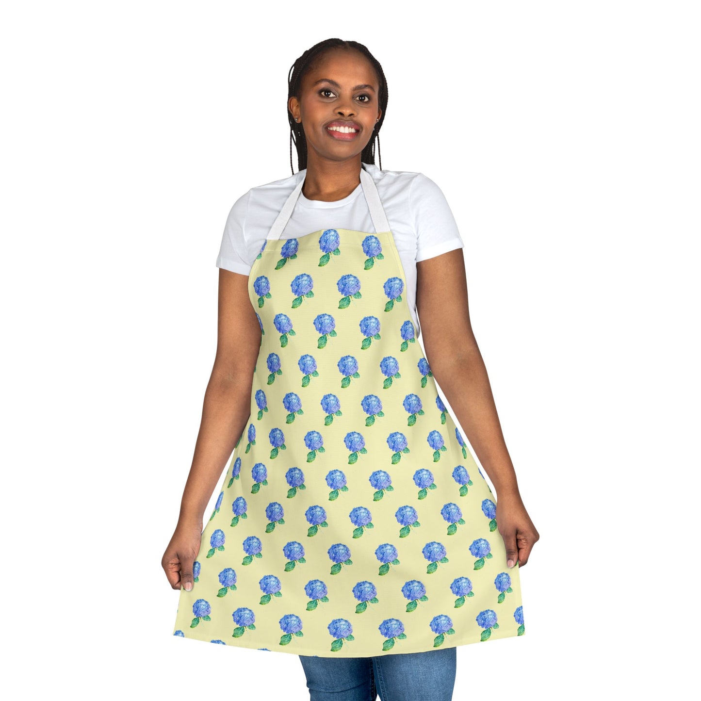 Blue Hydrangea Pattern Apron — Floral Kitchen Apron with Yellow Background